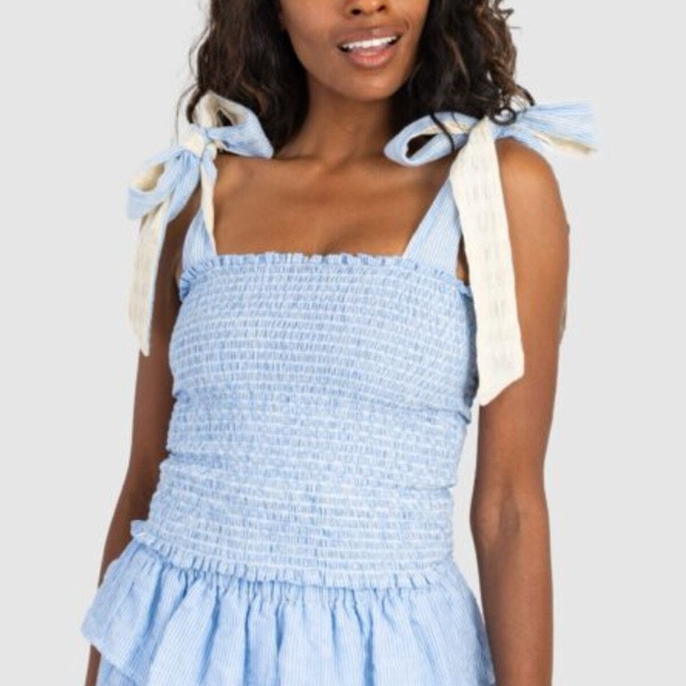 Koch Blue Smocked Cece Top with white Bow Straps
